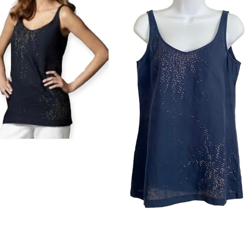 Eileen Fisher Blue Irish Linen Sequin Tank Top Size XS Breathable Sleeveless